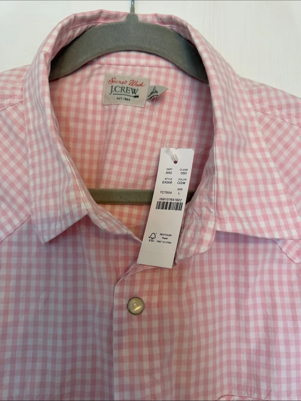 J. Crew Pink Gingham Snap-Front Men's Shirt NWT